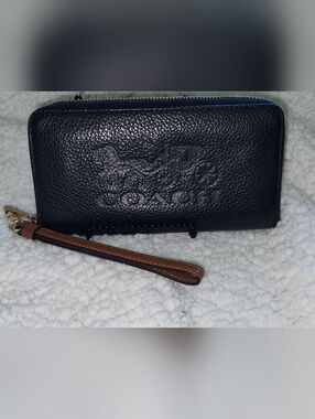 Coach Black Pebbled Leather Wristlet with Brown Strap Accent